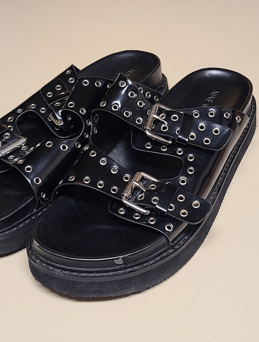 Nine West Eleny double buckle chunky platform slide sandals size 11